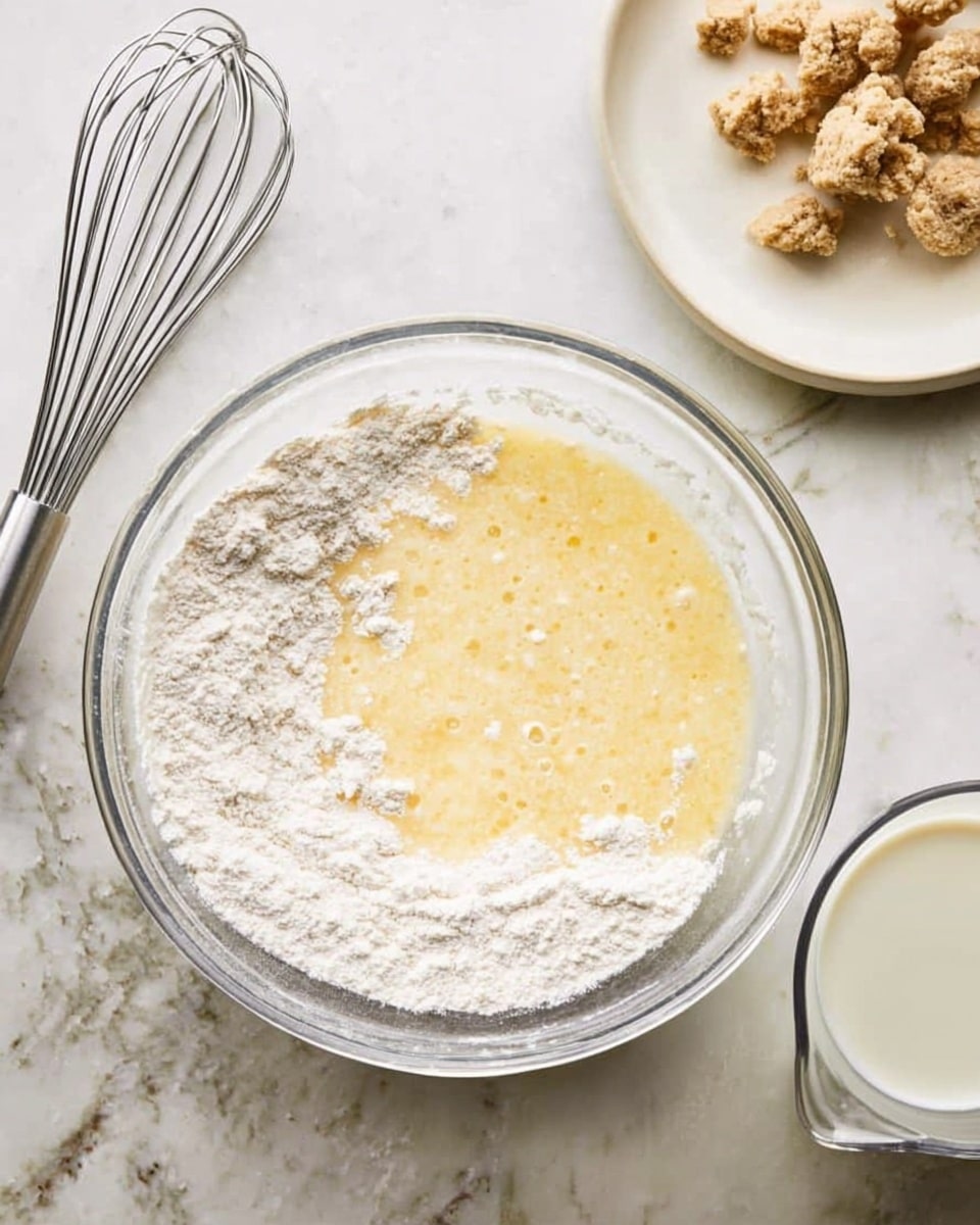 The image shows a clear glass bowl filled with white flour topped with a pale yellow, slightly bubbly liquid mixture, with some dry flour still visible around the edges. To the left of the bowl is a silver whisk resting on a white marbled surface. Above the whisk is a white plate with small pieces of light brown dough or mixture clumps. On the right side, there is a clear measuring cup with some white liquid inside, also placed on the white marbled surface. photo taken with an iphone --ar 4:5 --v 7