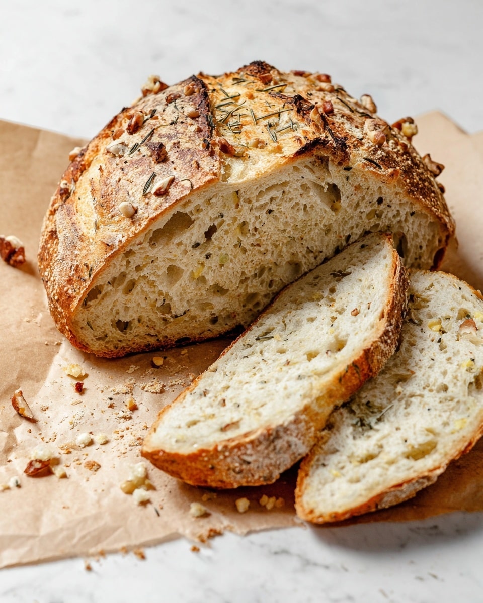 A loaf of bread with a golden brown crust is placed on light brown parchment paper set on a white marbled surface. The crust is rough with visible toasted nuts and some herbs on top. Two thick slices and one smaller slice have been cut from the loaf and are leaning against it, showing a soft, airy inside with a light beige color and small holes. The crumb has darker spots from herbs and nuts spread through it. Crumbs and some nut pieces are scattered around the base of the bread. photo taken with an iphone --ar 4:5 --v 7
