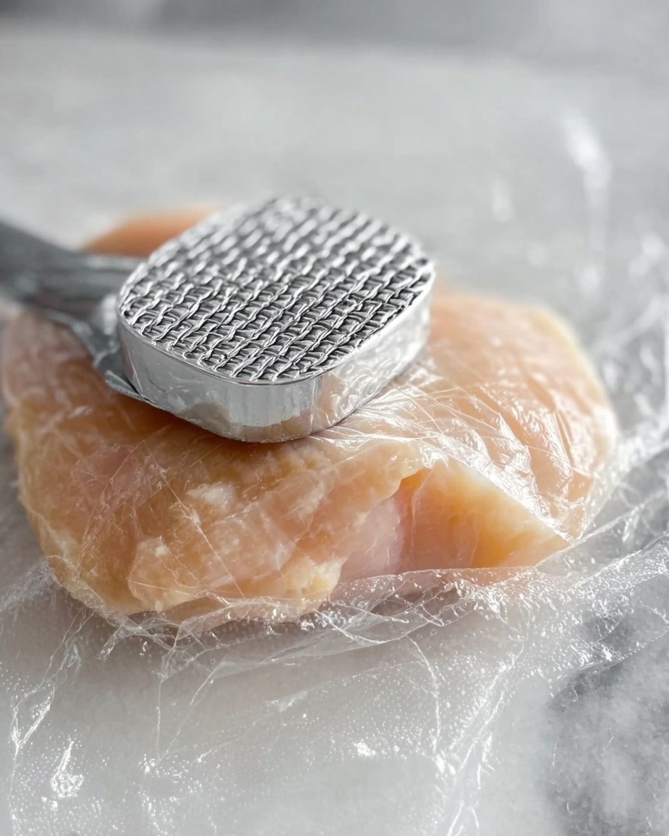 The image shows a piece of raw chicken wrapped in clear plastic wrap on a white marbled surface. On top of the chicken is a silver metal meat tenderizer with a textured, grid-like pattern pressing down on it. The chicken is flattened, pale pink in color, and the plastic wrap is slightly wrinkled around the edges. The background is blurred with soft gray and white tones, keeping focus on the chicken and the meat tenderizer. photo taken with an iphone --ar 4:5 --v 7