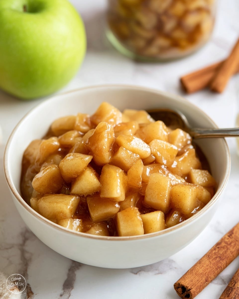 A white bowl filled with small cubed pieces of cooked apples covered in a light brown cinnamon sauce, giving a soft and slightly shiny texture to the fruit. The pieces are piled up high in the bowl with a silver spoon resting inside. In the blurry background, there is a green apple, a jar filled with similar apple pieces, and a couple of cinnamon sticks on a white marbled surface. photo taken with an iphone --ar 4:5 --v 7