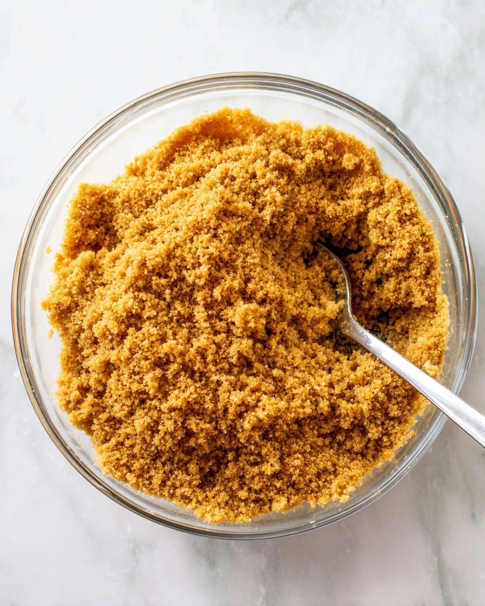 A clear glass bowl sits on a white marbled surface, filled with a thick layer of fine, golden brown crumb mixture. The crumbs have a slightly coarse texture and uneven surface with small clumps, showing a mix of light and darker shades of brown. A silver spoon rests inside the bowl, partially mixed into the crumbs, with some crumbs sticking to the spoon. The overall look is rustic and inviting, focusing on the crumb texture and rich color. photo taken with an iphone --ar 4:5 --v 7