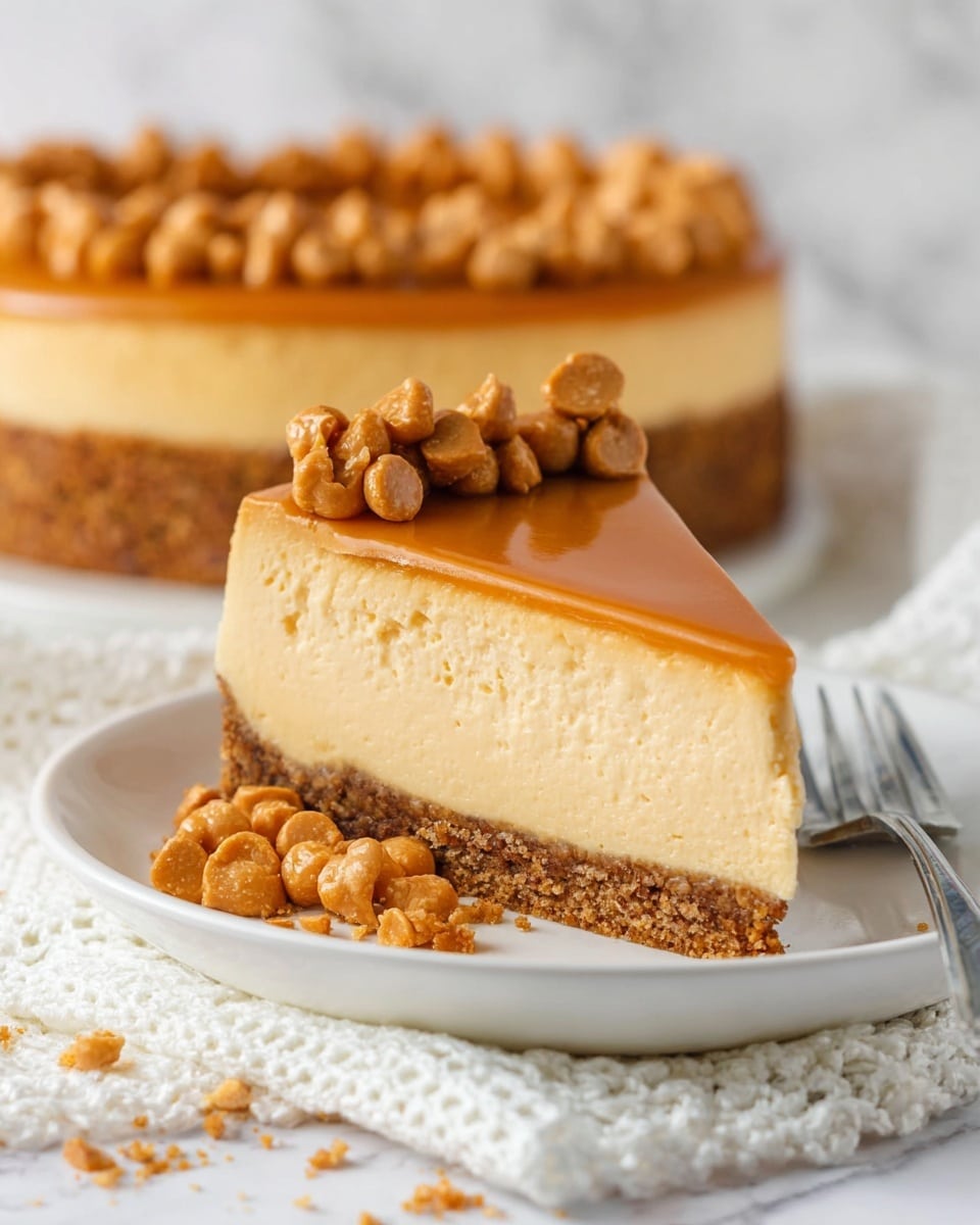 The image shows a slice of cheesecake on a white plate placed on a white marbled surface with a white knitted cloth underneath. The cheesecake has three layers: a thick brown crumbly base, a thick creamy light orange middle layer, and a smooth shiny caramel-colored top layer. The top layer is decorated with light brown butterscotch chips arranged mainly on one side and a few scattered on the plate. A silver fork rests beside the slice on the plate, and in the background, the rest of the whole cheesecake is slightly out of focus. Photo taken with an iphone --ar 4:5 --v 7