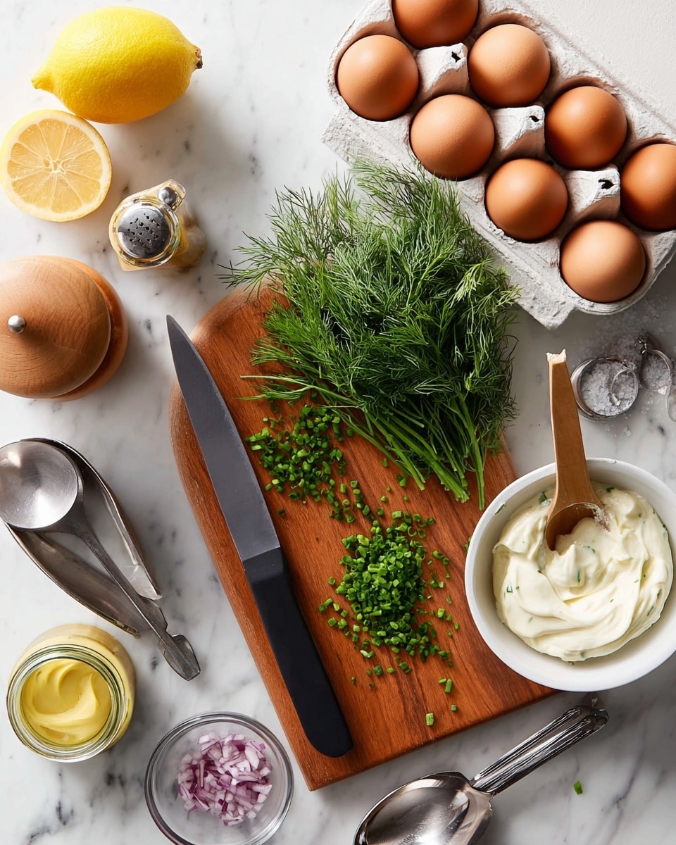 The image shows a cooking setup on a white marbled surface with a wooden cutting board in the center. On the board, there is a bunch of fresh green dill and chopped green chives scattered near a large black knife with a wooden handle. To the right of the board, a white bowl contains creamy white mayo with a small wooden spoon inside. Above the cutting board, a white carton holds six brown eggs. On the left side, there is a lemon cut in half, a wooden citrus reamer, a wooden pepper grinder, a jar of yellow mustard, and a small glass bowl with finely chopped red onion. Stainless steel measuring spoons are placed partly under the bowl with mayo. photo taken with an iphone --ar 4:5 --v 7