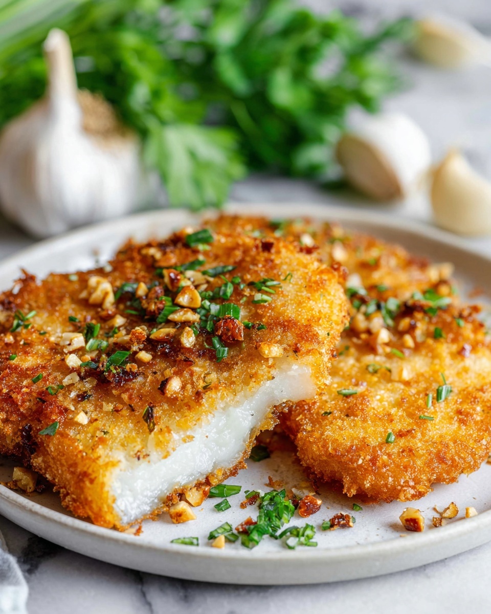 The dish shows a close-up of two pieces of golden brown fried food with a crispy texture, placed on a white plate. The top layer is crunchy with small bits of chopped nuts and green herbs scattered across the surface. The inside visible in one piece is soft and white. In the blurred background, there are garlic bulbs and fresh green leafy herbs on a white marbled surface, adding a fresh, natural feel to the image. Photo taken with an iphone --ar 4:5 --v 7