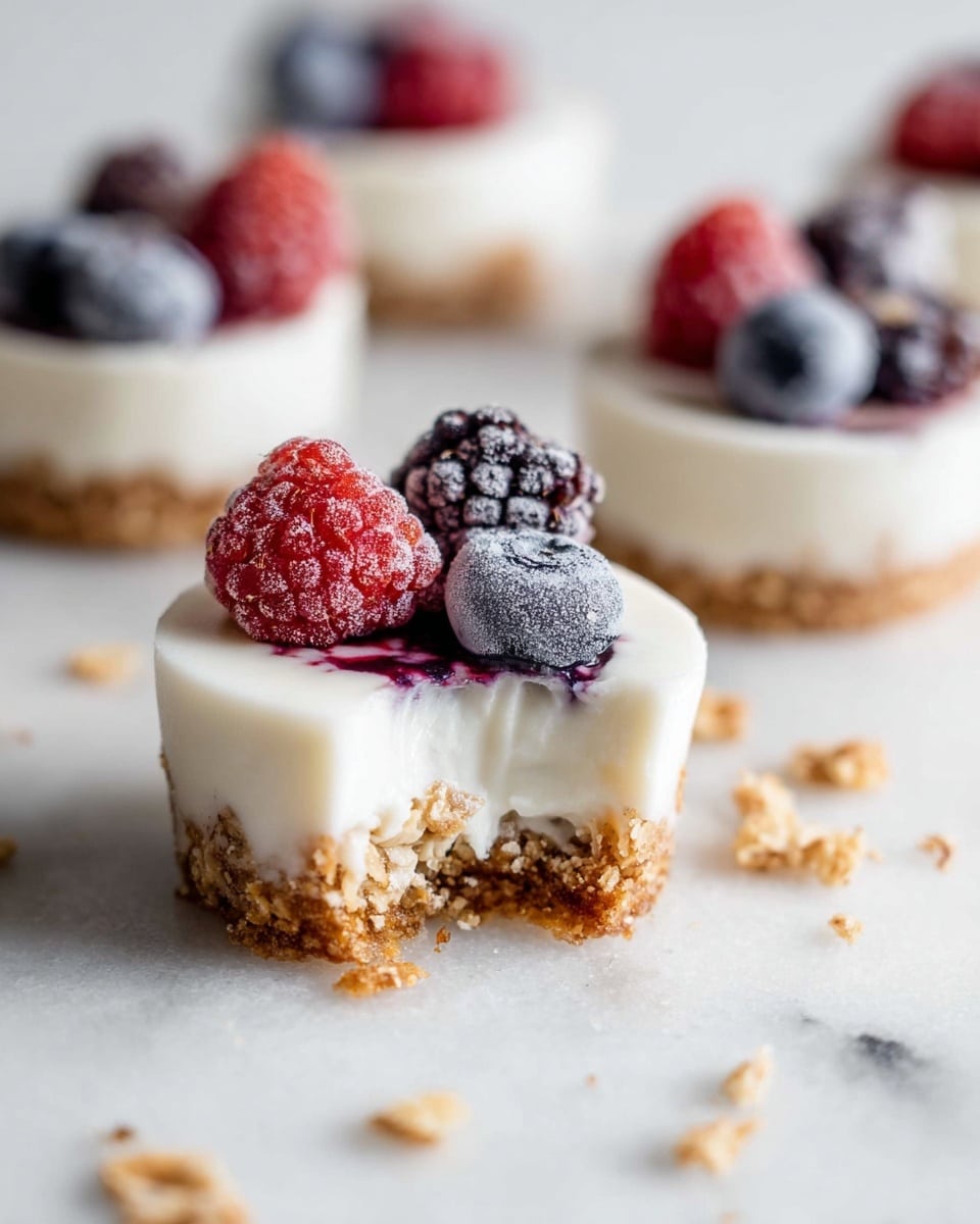 Mini desserts have two layers: a bottom layer of light brown crumbly granola and a thick top layer of smooth white cream. On top, there are three frozen berries: a bright red raspberry, a dark purple blackberry, and a light blue blueberry, all frosted with ice. One dessert in front has a bite taken out, showing the cream and granola layers inside. The desserts sit on a white marbled surface, with scattered bits of granola around them. The overall color is soft and fresh with whites, reds, purples, and browns. Photo taken with an iphone --ar 4:5 --v 7