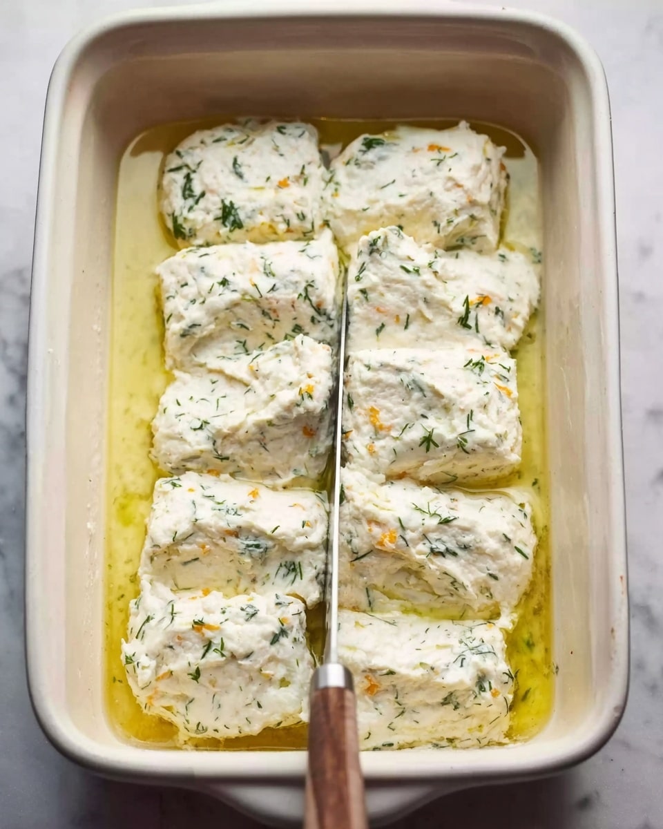 The image shows a white rectangular baking dish filled with six portions of a creamy white mixture with visible green herbs and small orange bits. The mixture looks soft and thick, with a slightly uneven texture on top. A sharp knife held by a woman's hand is slicing through the middle portion, creating a clean cut. The dish sits on a white marbled surface. The creamy mixture is surrounded by a light yellow oily liquid that pools around the base of each portion. Photo taken with an iphone --ar 4:5 --v 7