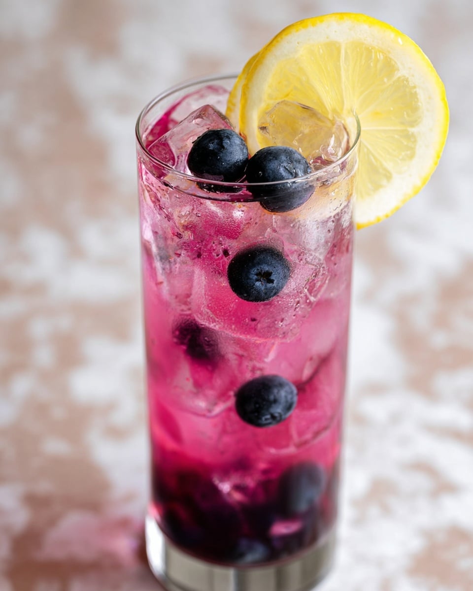 A tall clear glass filled with a light purple pink liquid with ice cubes floating on top. Inside the glass are several dark blue blueberries scattered at different heights. On the top edge inside the glass, there is a bright yellow lemon slice partially submerged in the drink. The background shows a white marbled texture. photo taken with an iphone --ar 4:5 --v 7