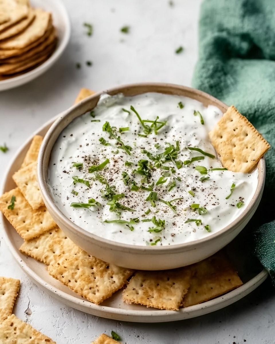A white bowl filled with creamy white dip topped with chopped green herbs and sprinkled with black pepper, with a piece of beige cracker dipped slightly into the dip on the right side. The bowl sits on a pale plate on a white marbled surface. Around the plate are more pieces of beige crackers scattered casually. A green cloth is partially visible on the right side, and there is a stack of crackers on a white bowl in the background. Photo taken with an iphone --ar 4:5 --v 7