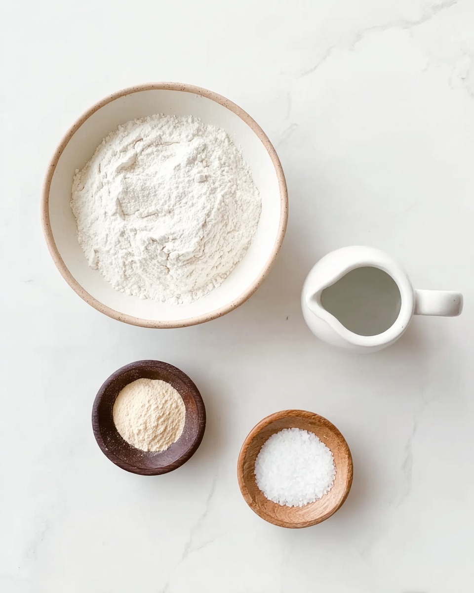 A white bowl with beige trim is filled with white flour and sits on a white marbled surface. Below the bowl is a small dark wooden bowl filled with a light beige powder next to a small white pitcher holding clear water. To the right is another small wooden bowl filled with white salt. The setup is evenly spaced and well-lit, creating a clean and simple ingredient presentation. photo taken with an iphone --ar 4:5 --v 7