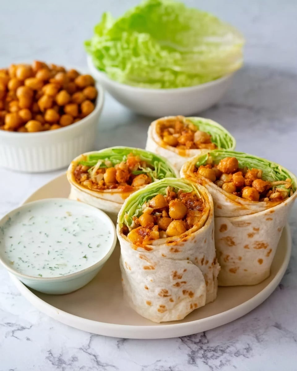 The image shows a white plate with three wrap pieces filled with orange chickpeas, green lettuce, and some sauce inside a light beige tortilla. The wrap pieces are arranged side by side with the open ends facing up, revealing the colorful filling layers inside. Next to the wraps on the plate is a small round bowl of white sauce with green herbs in it. Behind the plate, there is a white bowl filled with chickpeas and a whole head of green lettuce. The background surface has a white marbled texture. Photo taken with an iphone --ar 4:5 --v 7