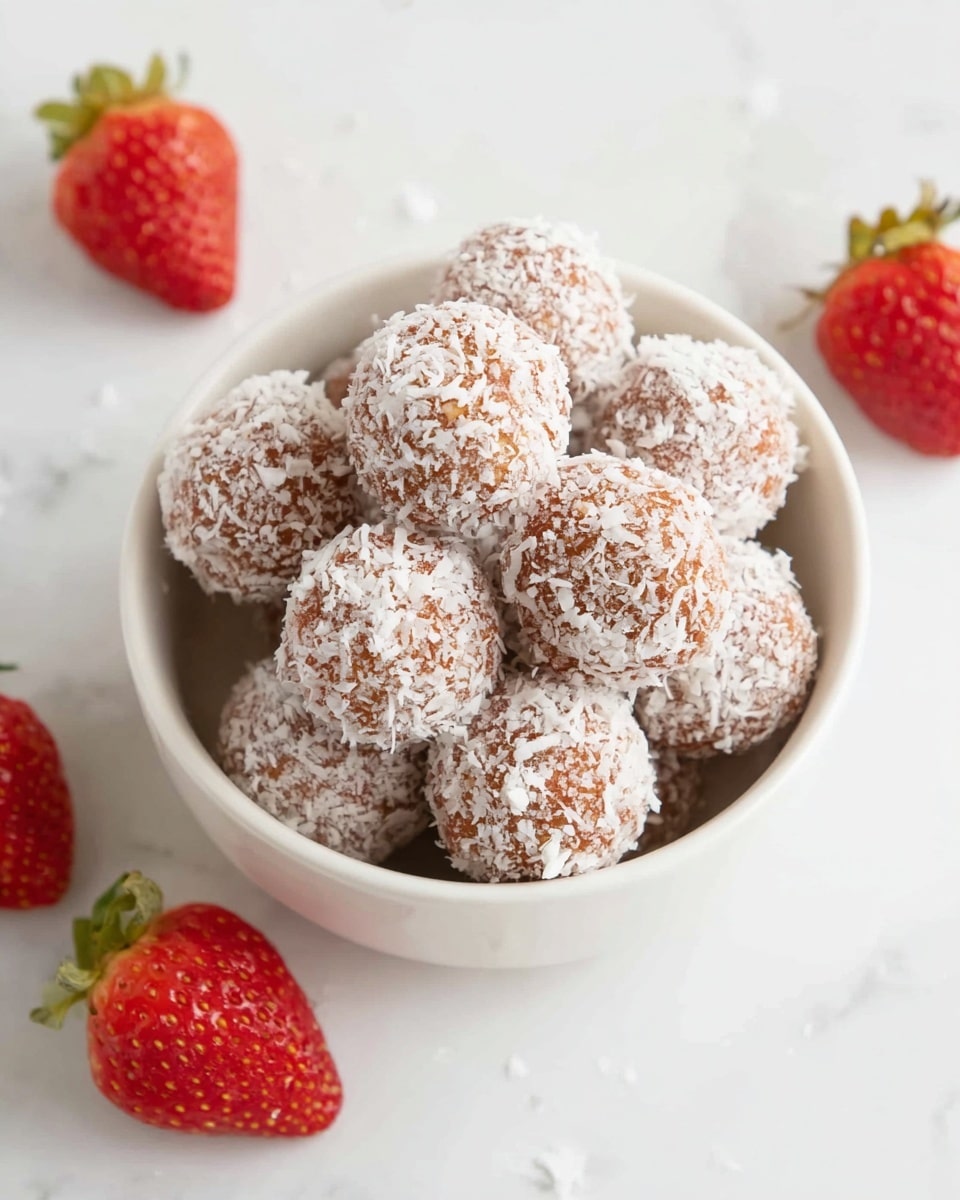 A white bowl filled with round, light brown balls covered in white coconut flakes is placed on a white marbled surface. Around the bowl, there are several red strawberries with green stems scattered randomly. The balls have a rough texture due to the coconut flakes, and the strawberries add a fresh, bright contrast to the overall soft white and brown colors of the dish. The image is clean with a bright, natural lighting. photo taken with an iphone --ar 4:5 --v 7
