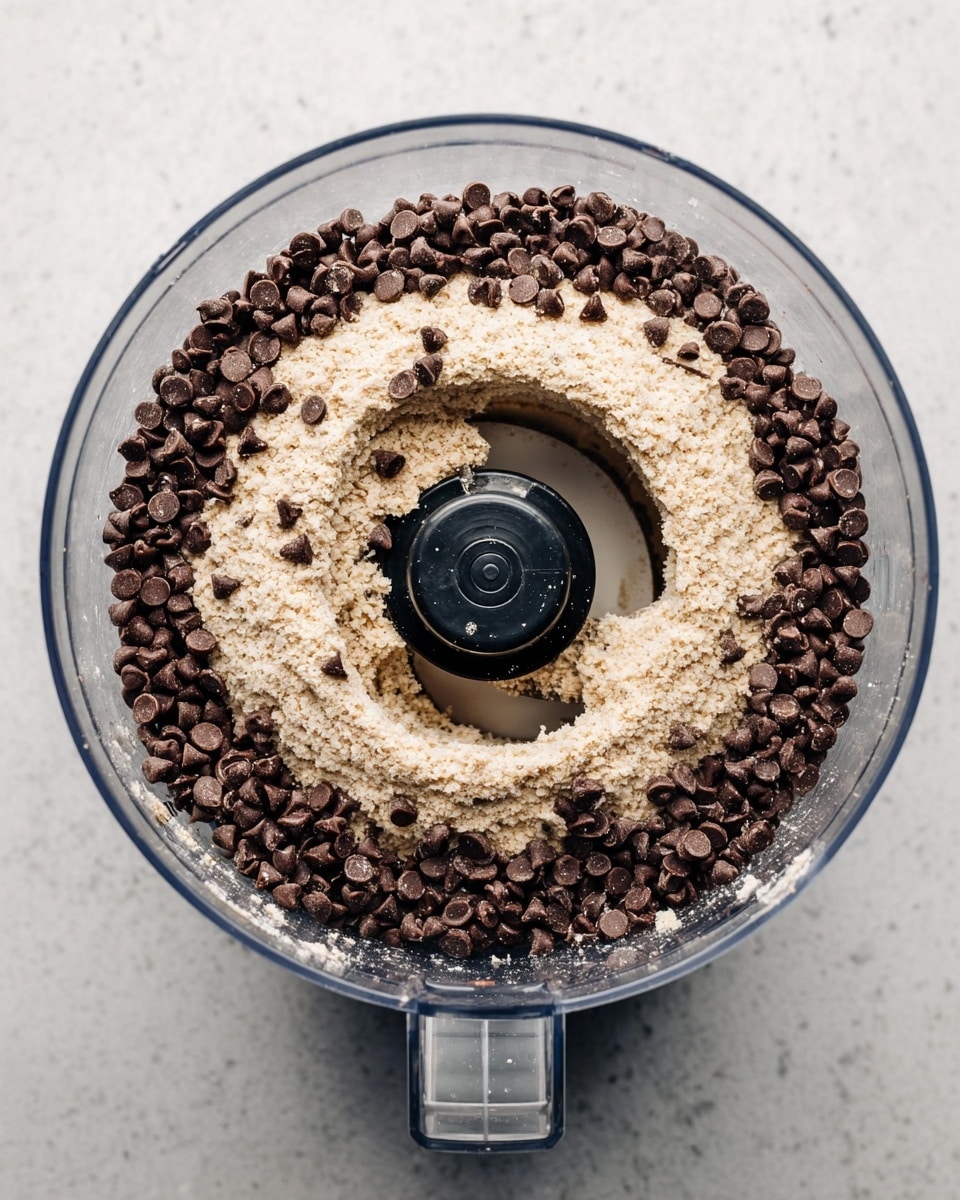 The image shows a glass food processor bowl with two main layers inside. The bottom layer is made of small dark brown chocolate chips covering the base. The top layer is a thick, rough-textured light beige oat mixture that forms a ring shape around the chocolate chips at the bottom. Some chocolate chips are scattered on top of the oat mixture as well. The white marbled surface is visible under the clear bowl, and the central black blade piece is in the middle of the bowl. Photo taken with an iphone --ar 4:5 --v 7