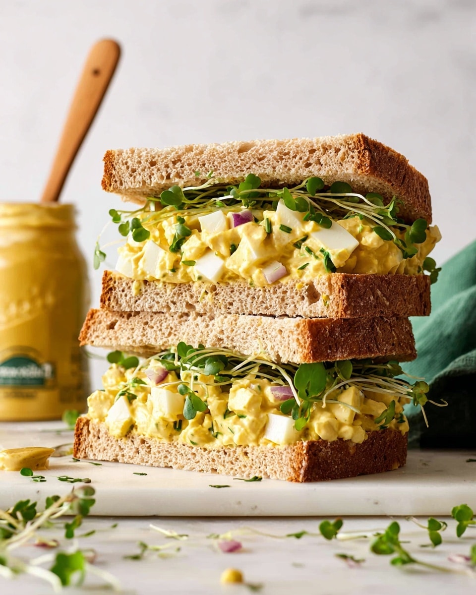 A close-up view of a sandwich stacked in two layers with thick slices of light brown, porous whole grain bread. Between the bread slices, there are chunky pieces of creamy yellow egg salad mixed with small bits of red onion and herbs. Bright green leafy sprouts are layered on top of and beneath the egg salad, adding fresh color and texture. The sandwich sits on a white marbled surface with some scattered greens and herbs around it. In the background to the left, there is a jar of yellow mustard with a wooden spoon inside, and on the right, a green cloth is partially visible. The photo has a clean, bright look with soft natural light. photo taken with an iphone --ar 4:5 --v 7