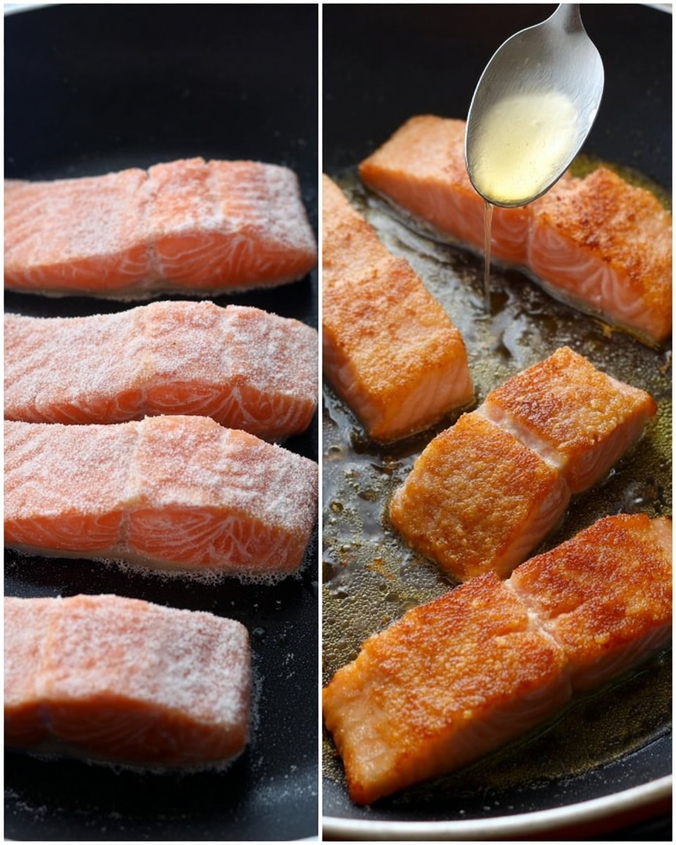 The image shows two side-by-side views of salmon fillets in a black frying pan. On the left, there are five raw salmon slices with a pink color and a light dusting of flour, laid flat and spread out in the pan. On the right side, four salmon pieces are cooking, with a golden, crispy, and slightly brown surface indicating they are being fried. A woman's hand holds a spoon, pouring oil or butter over one of the cooking fillets, adding shine and moisture. The pan's dark surface contrasts with the bright salmon. photo taken with an iphone --ar 4:5 --v 7