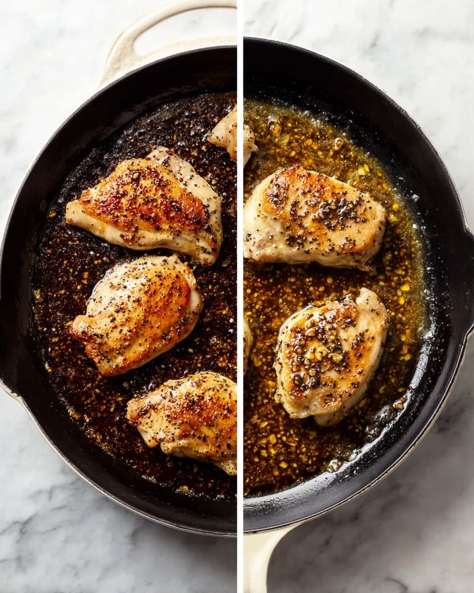 A white cast iron skillet sits on a white marbled surface. In the skillet are four pieces of light golden brown cooked chicken, speckled with black pepper and showing areas of light searing. The chicken pieces are arranged evenly across the pan. Next to it, the same skillet contains a dark brown bubbling sauce, thick with small yellow bits floating throughout, giving it a textured, glossy surface. photo taken with an iphone --ar 4:5 --v 7