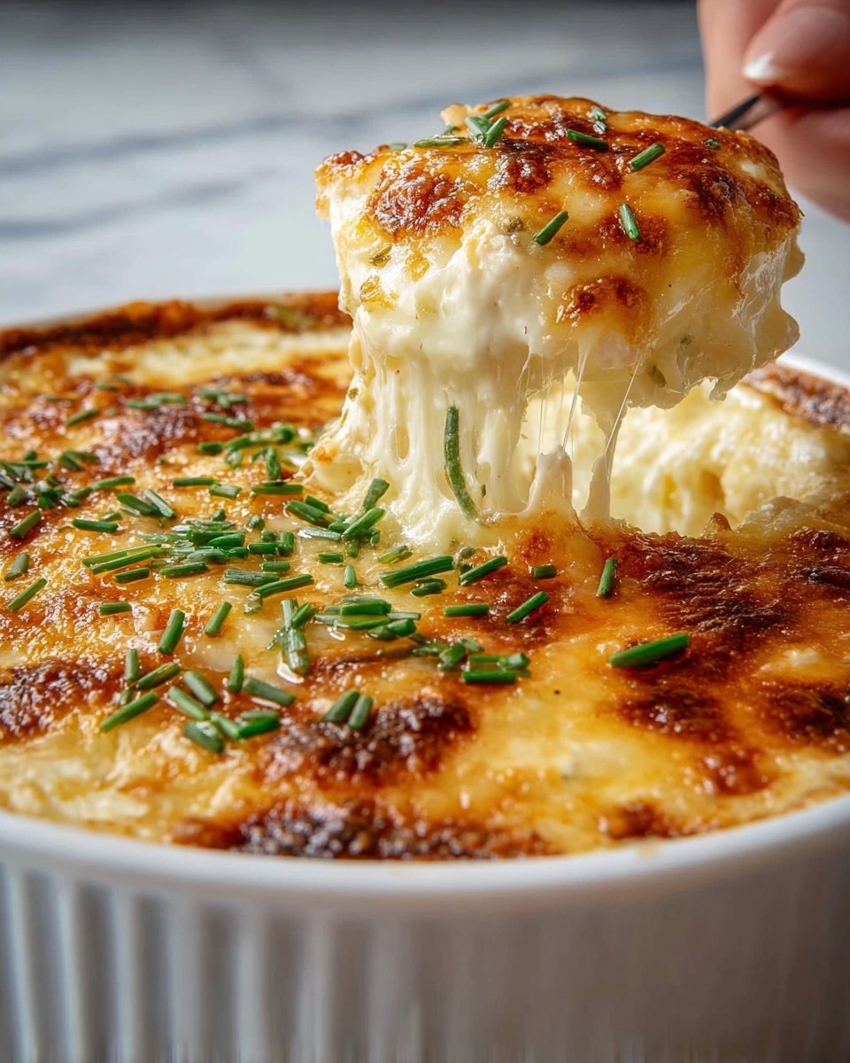 A close-up view of a baked dish in a white ceramic round bowl showing a bubbling, golden brown cheese layer on top with scattered green fresh chives. A woman's hand is lifting a cheesy portion that stretches with gooey, melted cheese strands, revealing a creamy white layer beneath the browned crust. The bowl is set on a white marbled surface with a softly blurred background, emphasizing the rich texture of the cheese crust and the softness inside photo taken with an iphone --ar 4:5 --v 7