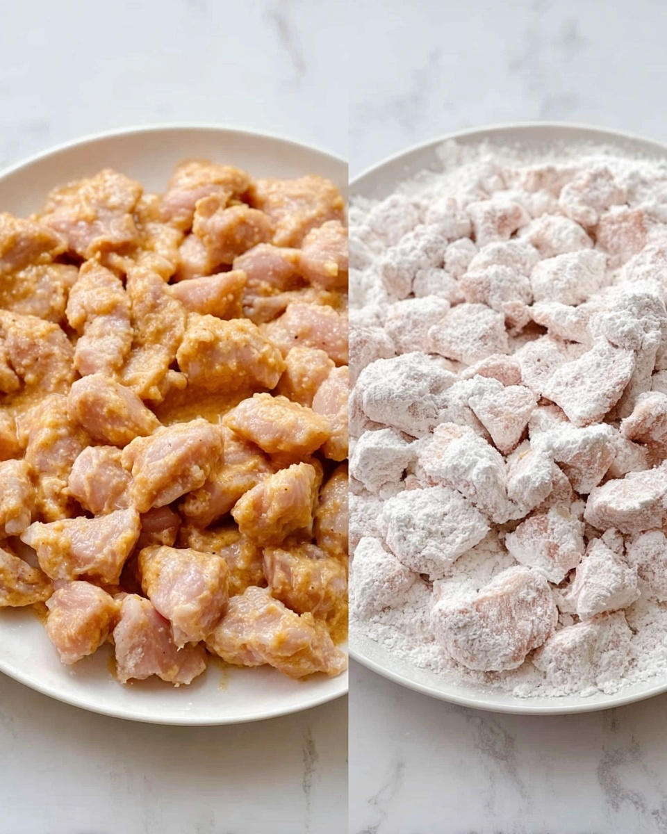 The image shows two white plates on a white marbled surface, each filled with small pieces of light pink raw chicken. The left plate has chicken pieces coated in a creamy orange sauce, giving them a smooth and slightly shiny texture. The right plate shows chicken pieces covered in a rough, powdery white flour mix, creating a contrast with the pink peeking through. Each plate is fully covered with a single layer of chicken pieces, arranged closely but not overlapping. Photo taken with an iphone --ar 4:5 --v 7