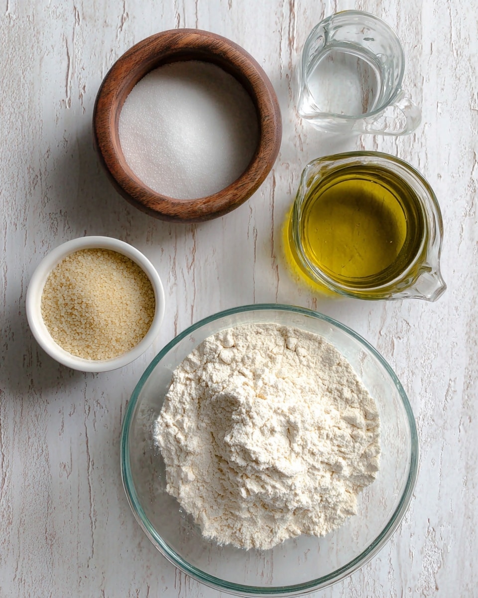 The image shows a top view of four different containers with baking ingredients arranged on a white marbled surface. In the center, there is a clear glass bowl filled with white flour, which has a slightly uneven surface. To the upper left of the bowl, there is a round wooden container filled with white granulated sugar. Below the flour, on the left side, a small white bowl holds beige dry yeast granules. On the right side, there is a clear glass pitcher filled with a yellowish liquid, likely oil, and below it, a clear glass measuring cup filled with water. The overall scene is clean and simple, with a rustic touch from the white marbled background. photo taken with an iphone --ar 4:5 --v 7
