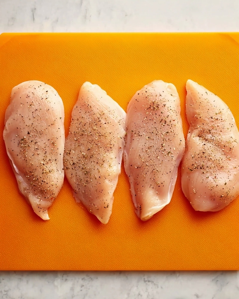 Four raw chicken fillets are laid flat side by side on an orange cutting board. Each fillet is pale pink with a slight shine and sprinkled evenly with black pepper. The orange board has a smooth surface and sits on a white marbled texture background. The image shows no other items or utensils. photo taken with an iphone --ar 4:5 --v 7