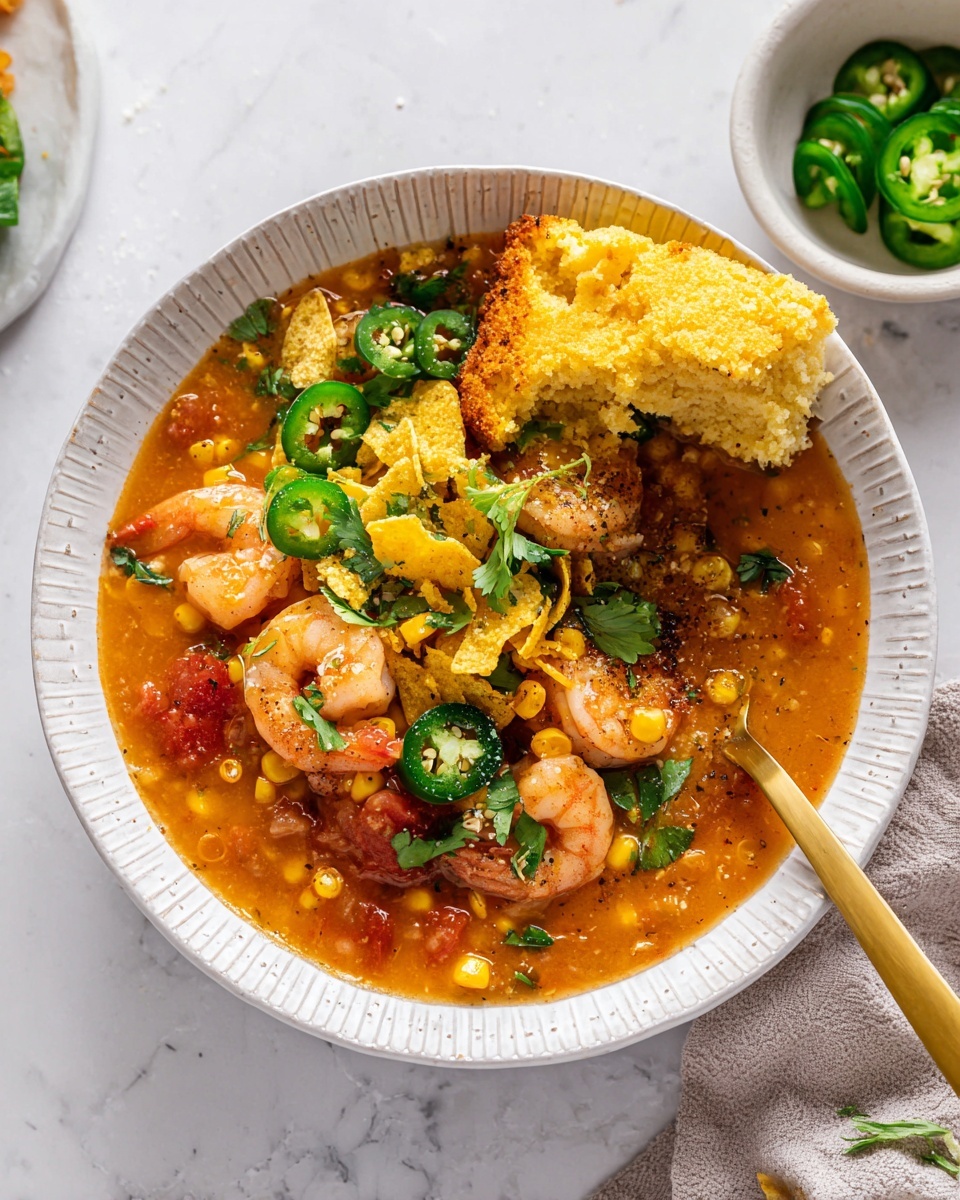 In a white ribbed bowl, there is a thick orange soup filled with yellow corn kernels and soft red tomato pieces as the base layer. On top of the soup, several pink shrimp are placed, surrounded by green slices of jalapeño and chopped green onions. Scattered over these are small pieces of crushed yellow tortilla chips and fresh green herbs like cilantro. A golden brown cornbread muffin, torn into pieces, sits on the edge of the soup. A gold spoon rests in the bowl with some soup on it. The bowl is set on a white marbled surface with a small white bowl of sliced green jalapeño peppers nearby. photo taken with an iphone --ar 4:5 --v 7