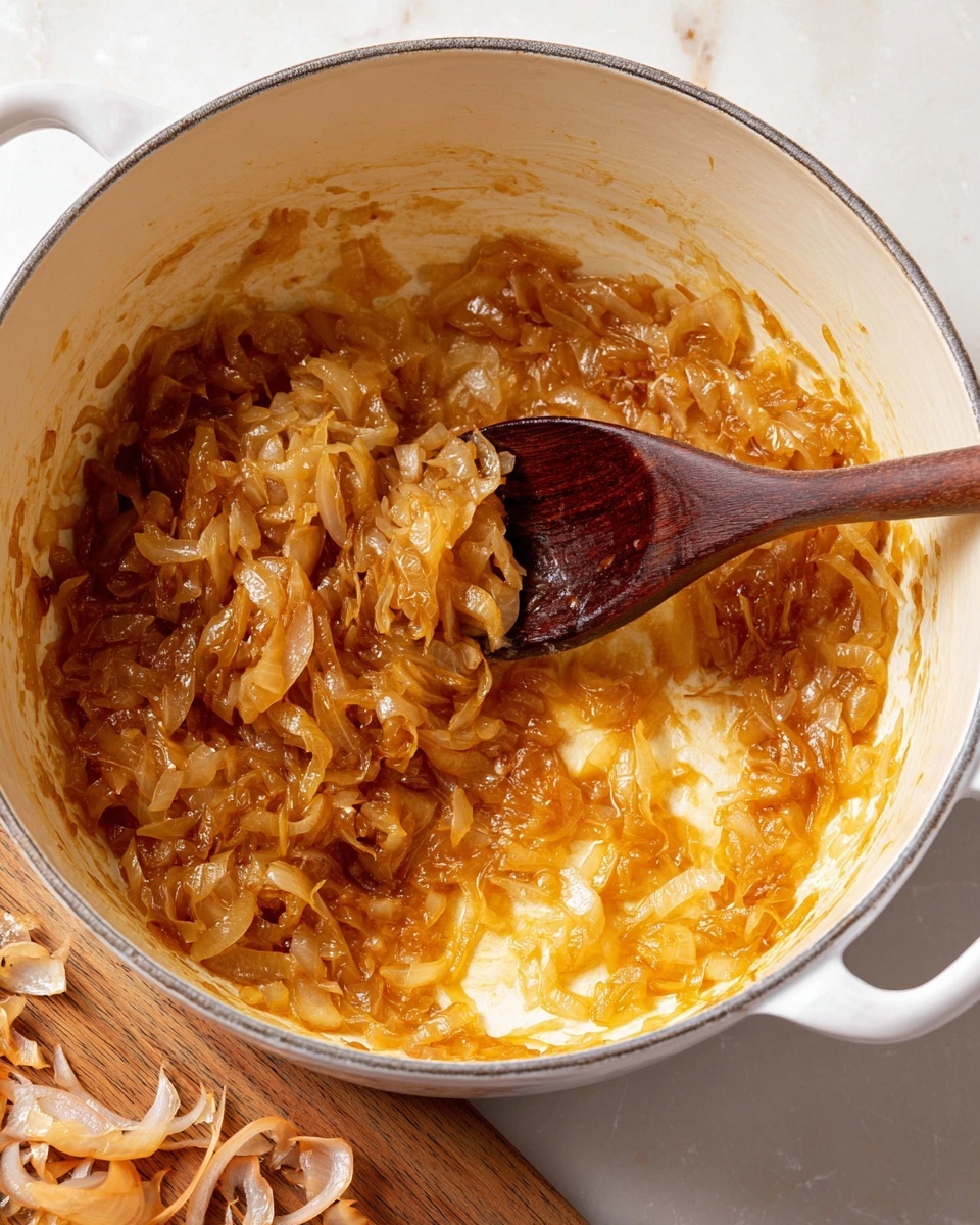 A white pot filled with a thick layer of caramelized onions showing a rich golden brown color and a slightly glossy, soft texture, resting on the bottom and sides of the pot. A dark wooden spoon is partially inside the pot, scooping up some of the onions, revealing their stringy and tender appearance. The pot is set on a white marbled surface, with some onion peels placed nearby on a small wooden board. Photo taken with an iphone --ar 4:5 --v 7