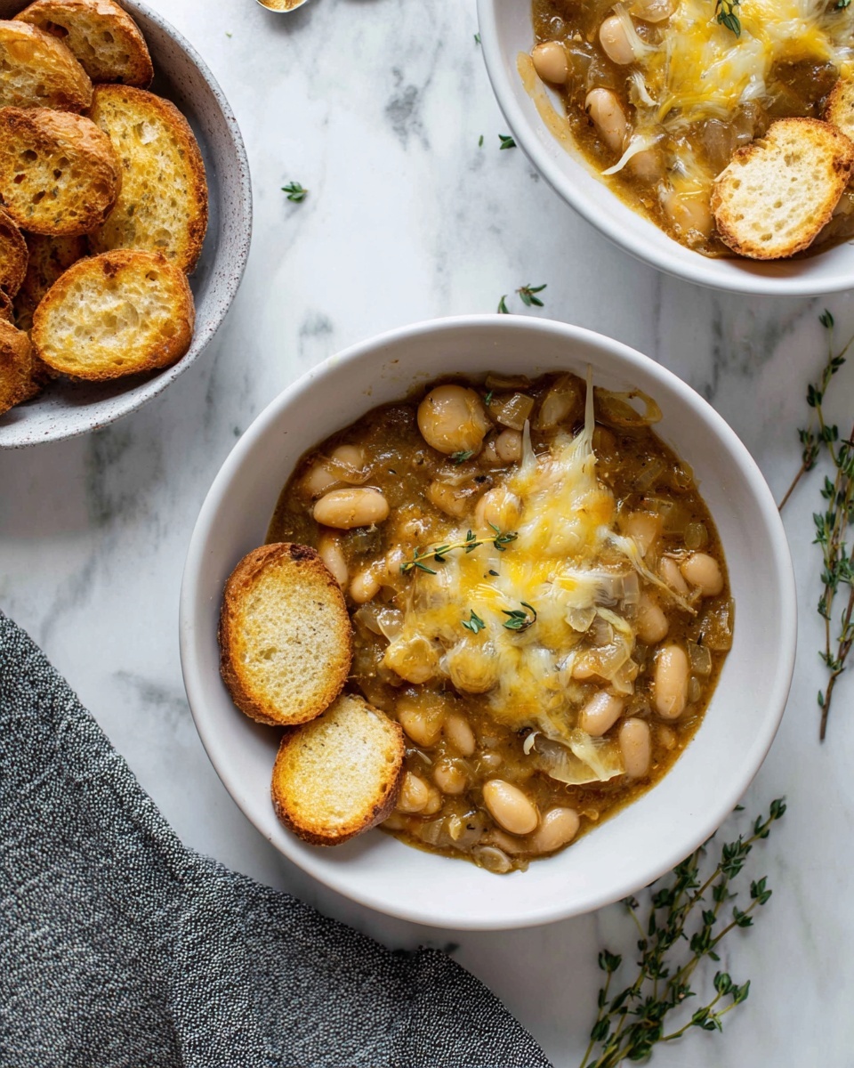 A white bowl filled with warm, brown stew made of large pale beans and soft onions, topped with melted yellow cheese that stretches slightly, garnished with small green sprigs of thyme, and a few round toasted golden-brown bread slices resting on the side inside the bowl. Nearby, another white bowl contains more of the same stew, and to the left, a smaller white bowl with several round toasted bread slices is placed on a white marbled surface, along with a small sprig of thyme and a gray textured cloth alongside the scene. Photo taken with an iphone --ar 4:5 --v 7