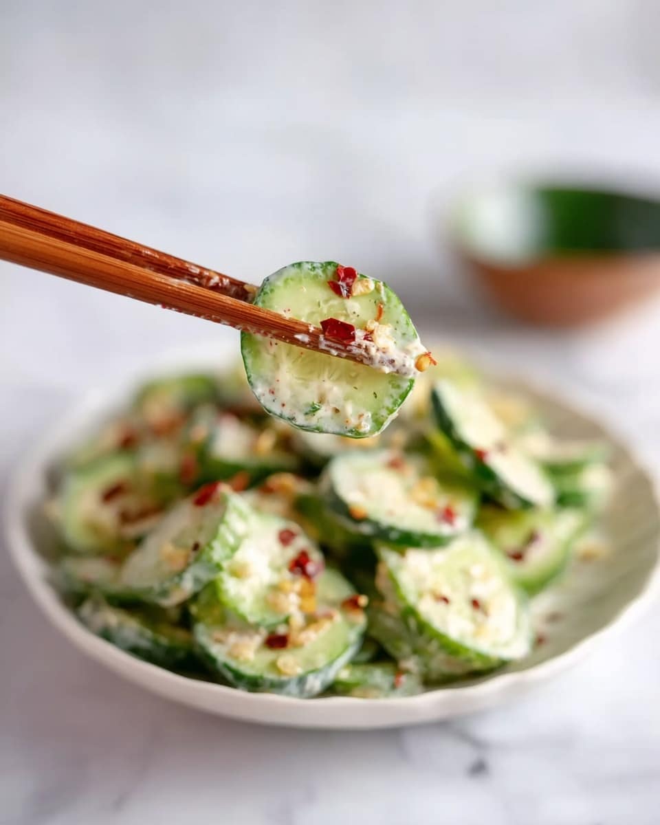A close-up image shows a wooden chopstick holding a slice of cucumber covered with a creamy white sauce sprinkled with red chili flakes. Behind the chopstick, there is a white plate filled with many cucumber slices, also topped with the same creamy sauce and red chili flakes. The background is a white marbled surface with a blurred green bowl in the distance. photo taken with an iphone --ar 4:5 --v 7