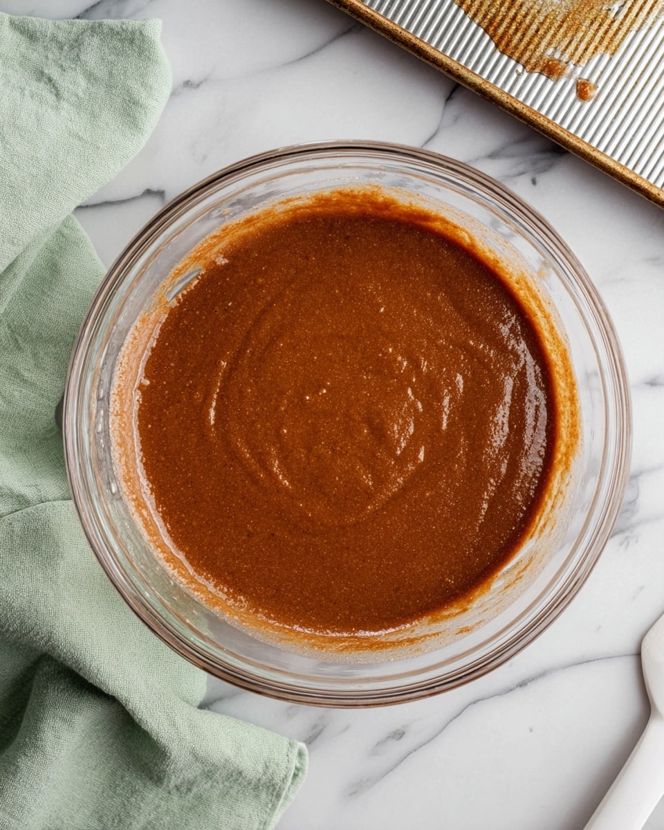 A clear glass bowl filled with smooth, thick brown batter that looks shiny and well-mixed, sitting on a white marbled surface. To the top left of the bowl is a ridged metal baking sheet with drops of liquid on it. A soft, pale green cloth is on the bottom left side and a white spatula rests partially out of frame on the bottom right corner. Photo taken with an iphone --ar 4:5 --v 7