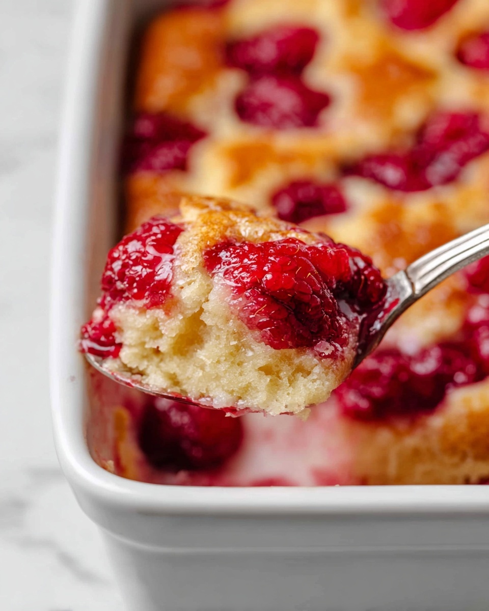 A close-up view of a baked dessert being lifted with a spoon, showing a soft, golden-brown base layer that looks light and slightly spongy, topped with bright red raspberries embedded within the batter. The dessert is in a white baking dish set on a white marbled surface. The spoon holds a piece that reveals the moist texture inside, with juicy raspberries visible inside and on top. The photo taken with an iphone --ar 4:5 --v 7
