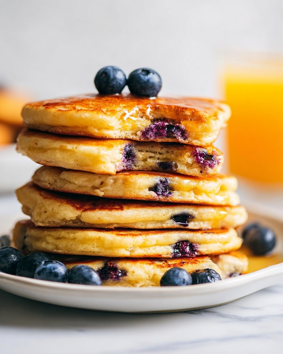 A stack of seven golden brown blueberry pancakes sits on a white plate on a white marbled surface. Each pancake shows a soft, fluffy texture with visible blueberries inside, adding spots of dark blue and purple through the light yellow batter. A few fresh blueberries rest on top of the stack and scattered on the plate around it. The background is softly blurred, with warm tones suggesting a glass of orange juice nearby. The image is bright and clear, focusing closely on the thick layers of the pancakes photo taken with an iphone --ar 4:5 --v 7