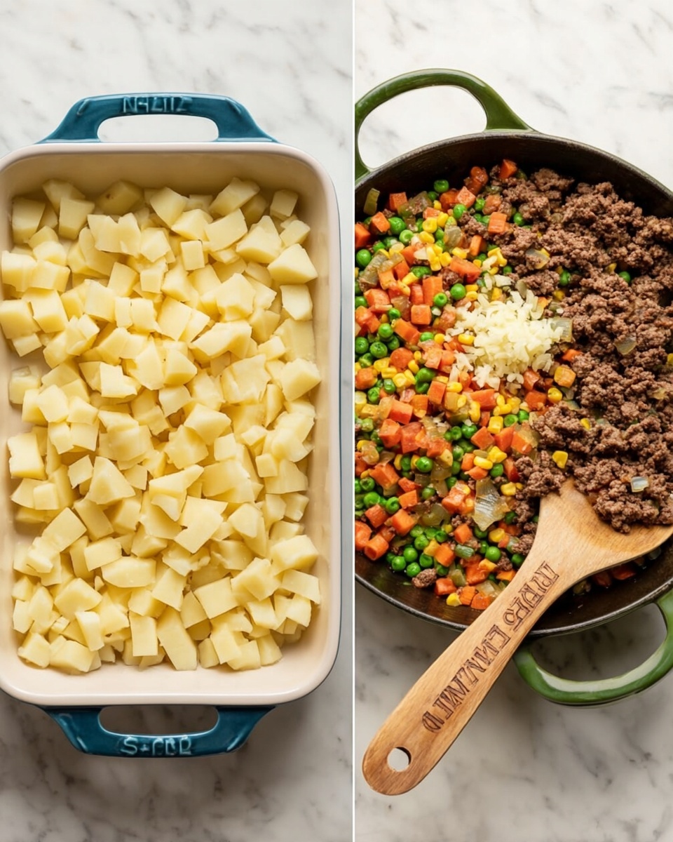 The image shows two side-by-side kitchen scenes on a white marbled surface. On the left, there is a white rectangular baking dish with blue handles, filled with many small, evenly cut pale yellow potato cubes spread out in a single layer. On the right, a green cast iron skillet contains browned ground beef mixed with small cooked onions, topped with a colorful mix of frozen vegetables including green beans, peas, diced carrots, and corn, as well as a small pile of minced garlic in the center. A wooden spoon with engraved text rests on top of the vegetables inside the skillet. Photo taken with an iphone --ar 4:5 --v 7