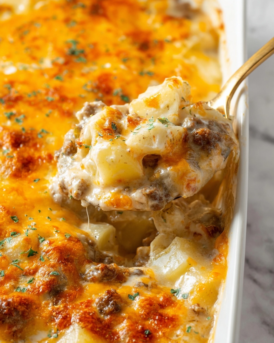A close-up view of a creamy baked casserole in a white dish, showing three main layers: the bottom is a soft, creamy mixture with chunks of pale yellow potatoes and bits of browned meat; the middle layer features a rich, thick sauce with a smooth texture blending the ingredients; the top layer is a golden orange melted cheese that looks bubbly and slightly crispy around the edges, sprinkled with small green herb bits. A gold spoon lifts a scoop of the casserole, highlighting the soft potatoes and creamy sauce under the cheese. The dish sits on a white marbled surface. Photo taken with an iphone --ar 4:5 --v 7