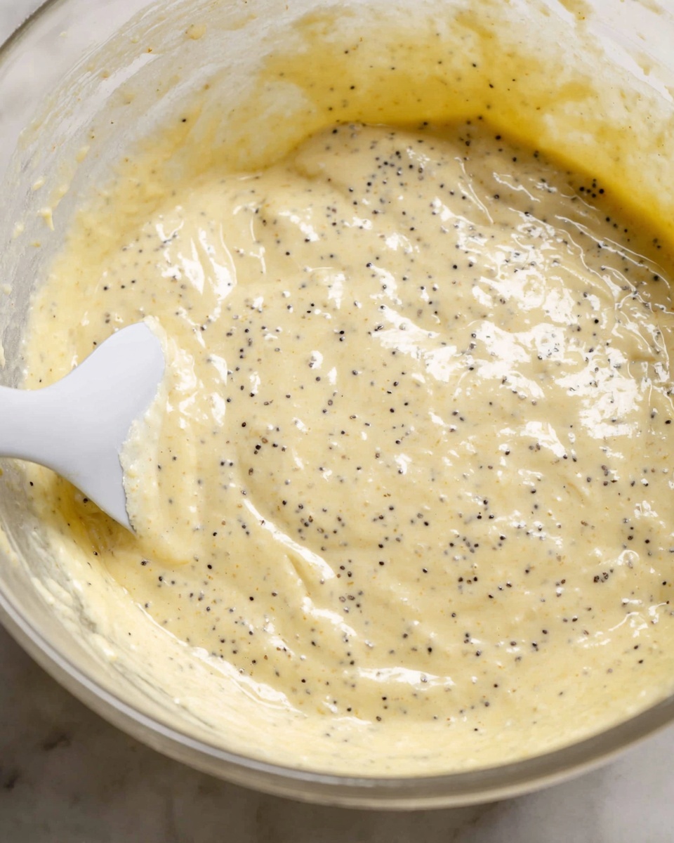 A close-up view of a creamy batter mixture in a clear bowl showing a smooth, pale yellow texture with small black poppy seeds spread evenly throughout. A white spatula is partially dipped into the batter on the left side, with some batter coating its edges. The bowl is placed on a surface with a white marbled texture that is softly visible around the bowl. The lighting highlights the shiny, wet texture of the batter, giving it a fresh and thick appearance. photo taken with an iphone --ar 4:5 --v 7
