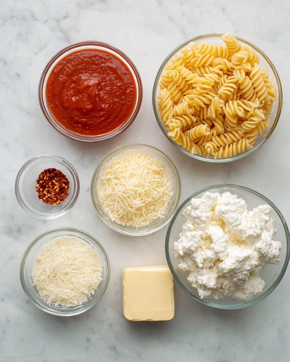 The image shows six clear glass bowls arranged on a white marbled surface. In the largest bowl on the right, there is light yellow cooked spiral pasta with a firm texture. Below this is a medium bowl filled with white, lumpy cottage cheese. To the left of this is a medium bowl with smooth red tomato sauce. Above the tomato sauce bowl is a small bowl containing red chili flakes. In the center above the cottage cheese is another medium bowl filled with fine, crumbly light yellow grated cheese, likely Parmesan. To the right of the Parmesan bowl is a small bowl holding a square chunk of pale yellow butter. The setup is clean and organized. photo taken with an iphone --ar 4:5 --v 7