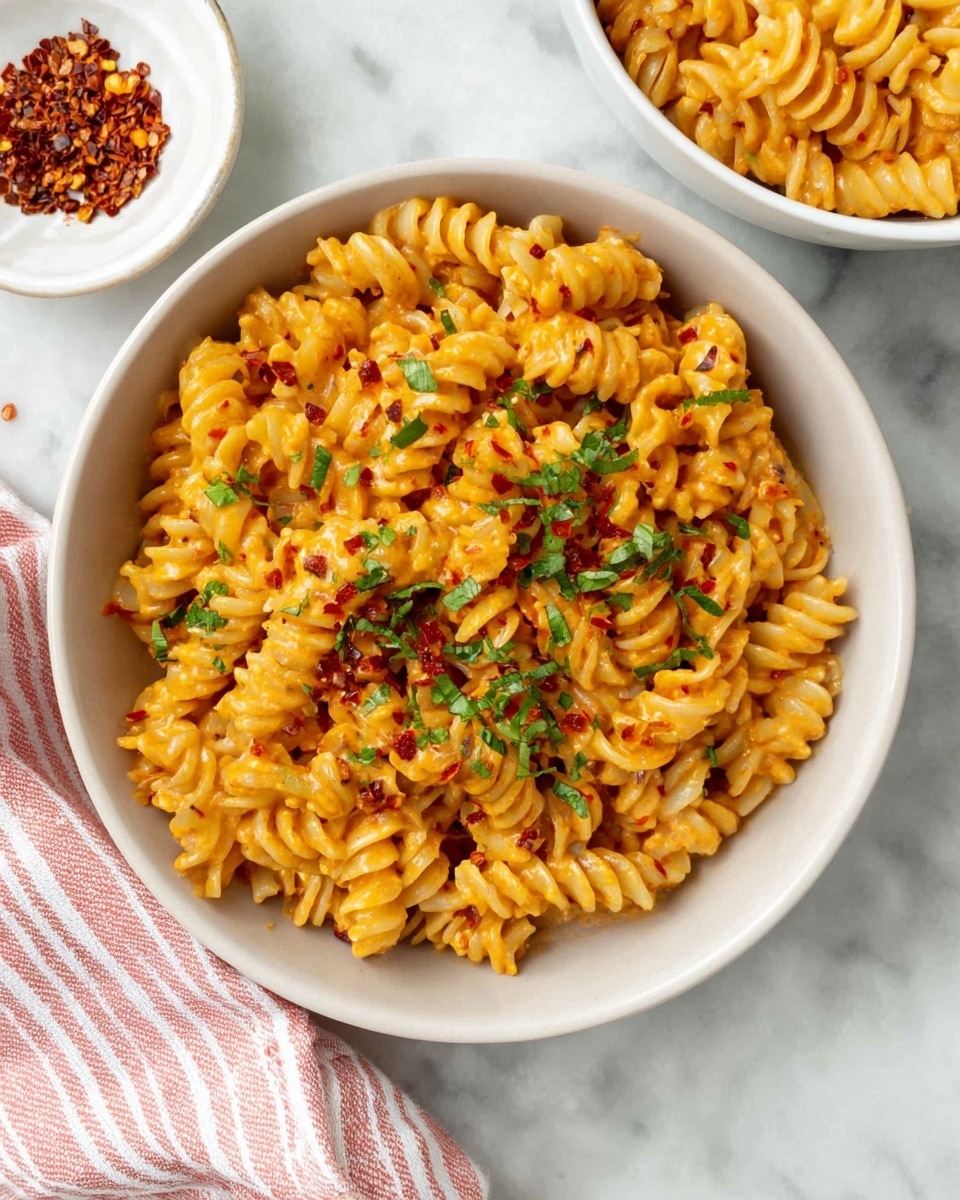 A white bowl filled with spiral pasta mixed with a creamy orange sauce, small pieces of herbs, and red chili flakes scattered on top. The pasta has three visible layers of spirals coated in sauce, sitting on a white marbled surface. There is also a white bowl with more pasta in the top right corner and a small white plate with red chili flakes on the left. A pink and white striped cloth is partially visible at the bottom left. Photo taken with an iphone --ar 4:5 --v 7