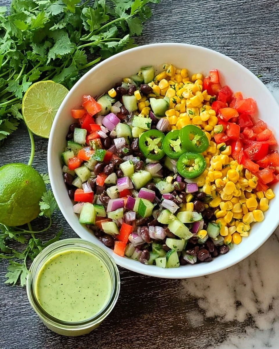 A white bowl filled with a colorful salad made of several layers of chopped ingredients including bright yellow corn, black beans, green chopped cucumbers, red bell peppers, diced red onions, and a couple of slices of green chili peppers on top. The bowl is placed on a dark wooden surface with some fresh cilantro and a halved lime nearby. To the right of the bowl, there is a small glass jar filled with a creamy green dressing. The whole setting is on a white marbled texture surface. Photo taken with an iphone --ar 4:5 --v 7
