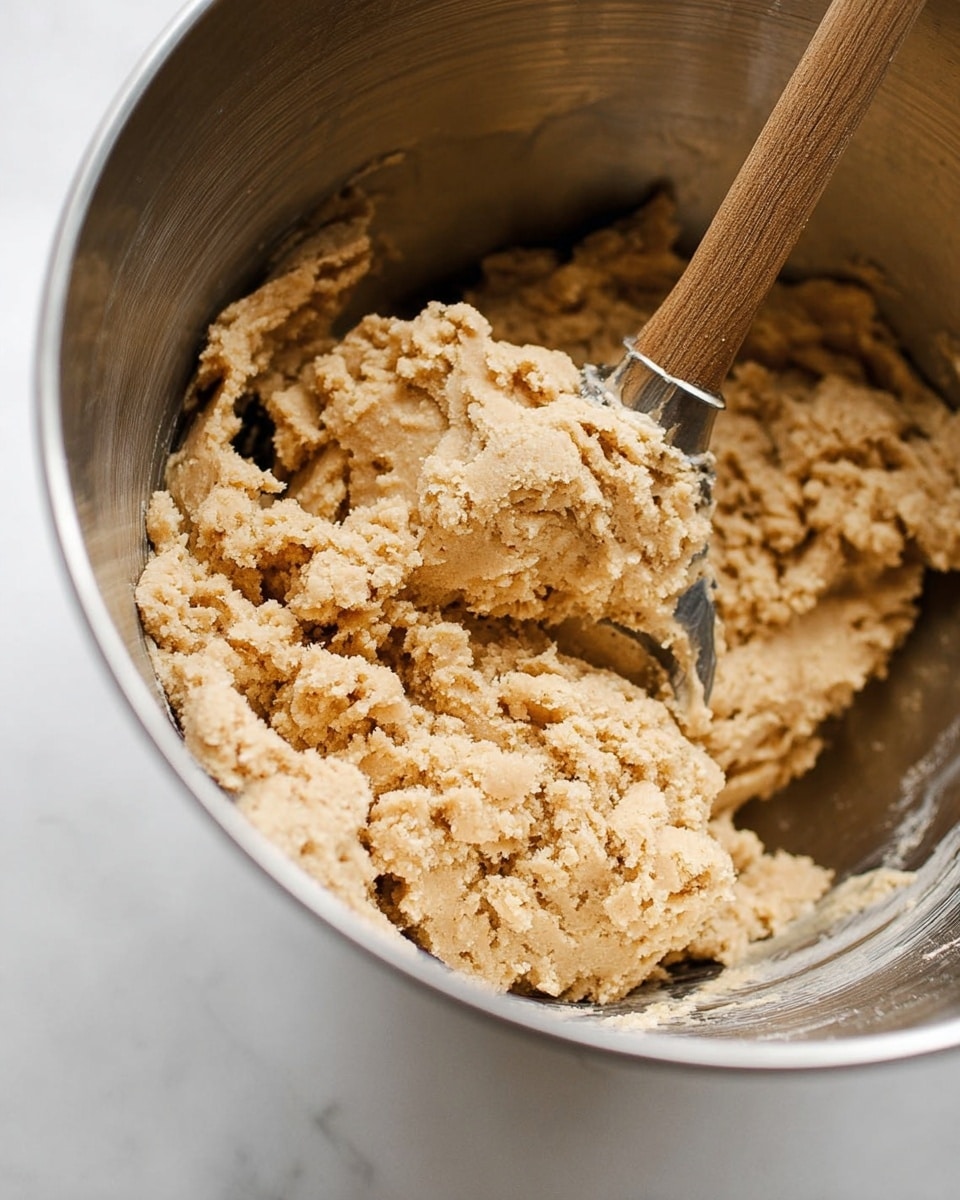 A close-up image of cookie dough in a shiny silver mixing bowl, with a wooden spoon partly buried in the dough. The dough is light brown, thick, and has a slightly rough texture, showing it is soft but firm. The shiny metal bowl reflects light, and the background is a white marble surface. photo taken with an iphone --ar 4:5 --v 7