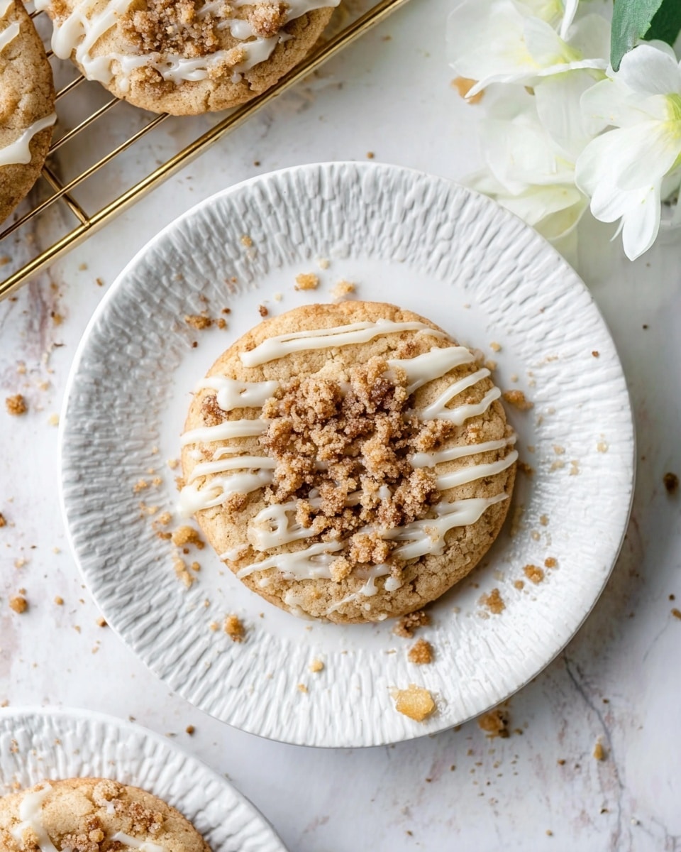 A single round cookie sits at the center of a white plate with textured edges. The cookie has a light golden-brown color with a crumbly topping in the middle made of darker brown crumbles. White icing is drizzled over the cookie and the crumbly topping in thin, uneven lines. Small crumbs are scattered around the cookie on the plate and the white marbled surface beneath. In the top left corner, part of another cookie with similar topping and icing is visible on a golden wire rack. A white flower lies next to the wire rack on the white marbled surface. photo taken with an iphone --ar 4:5 --v 7