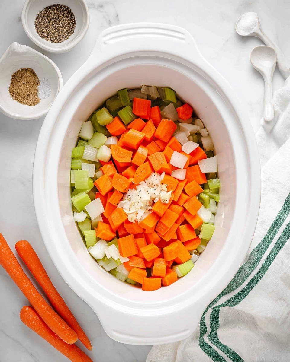 Inside a white oval slow cooker, there are three main layers of ingredients. The bottom layer has chopped green celery pieces. On top of that is a layer of bright orange carrot chunks, thick and placed evenly around. Scattered over the carrots are small white onion pieces. On the very top, there are three small piles: one light beige minced garlic, one dark black ground pepper, and one white salt. Around the slow cooker, on a white marbled surface, are two extra orange carrot chunks on the left, a small bowl with ground pepper upper left, two white measuring spoons bottom left, and a white cloth with green stripes on the top right. Photo taken with an iphone --ar 4:5 --v 7
