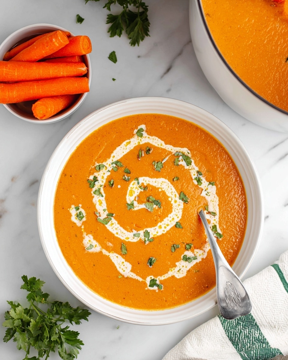 A white bowl filled with smooth orange soup sits in the center, topped with a swirl of white cream and sprinkled with small green herb pieces. A silver spoon is placed inside the soup near the top left edge of the bowl. Above it, there is a smaller white bowl holding several bright orange carrot sticks. Fresh green herbs lie on the white marbled surface next to the bowls. The edge of a white pot with some orange soup inside is visible in the top right corner, and a white cloth with green stripes is seen at the bottom right corner. photo taken with an iphone --ar 4:5 --v 7