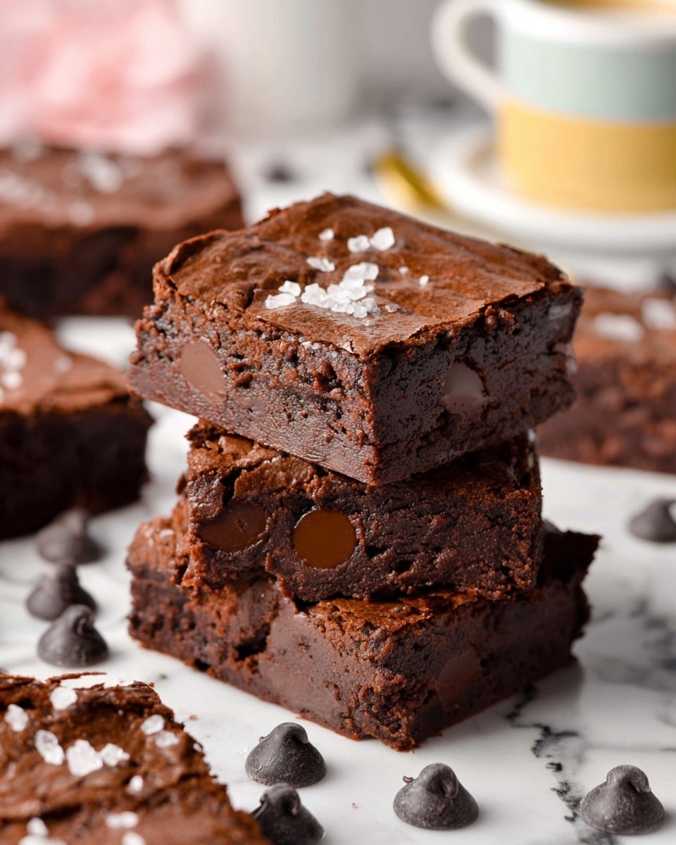 The image shows a stack of three thick, square chocolate brownies with a rich, dark brown color and a smooth, slightly shiny top layer. Each brownie piece has visible melted chocolate chips embedded within, some slightly glossy, adding texture and depth. The top brownie is sprinkled with small flakes of white sea salt, contrasting the dark chocolate surface. Around the stack, more brownies with similar toppings and scattered dry chocolate chips are placed on a white marbled surface, creating a clean and elegant look. In the background, a white cup on a white saucer with pastel-colored layers under it is slightly blurred. Photo taken with an iphone --ar 4:5 --v 7
