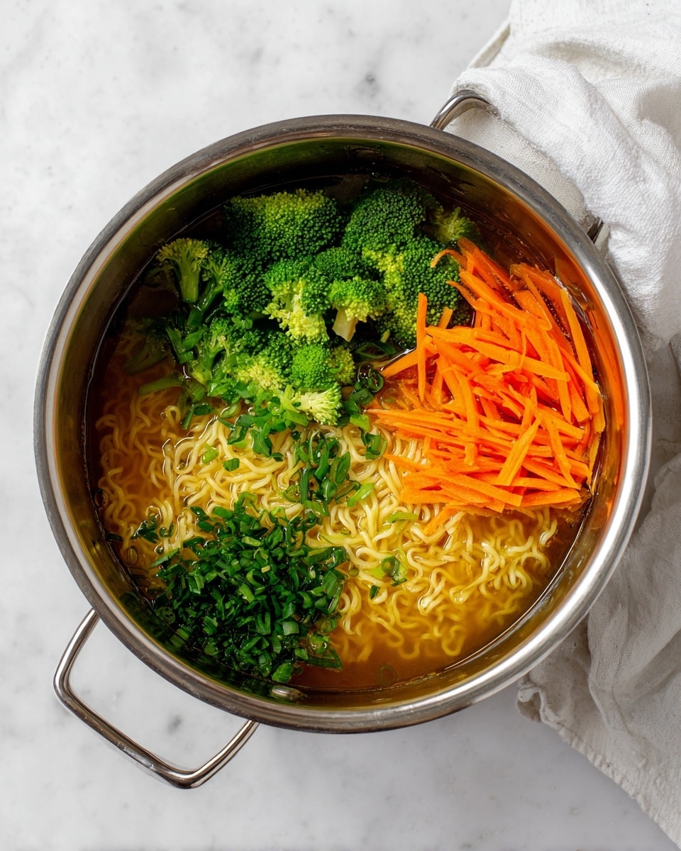 A shiny stainless steel pot filled with a light brown broth that holds several colorful layers: bright green broccoli florets and chopped green onions clustered on one side, thinly shredded orange carrots arranged on the opposite side, wavy light yellow noodles resting below the vegetables, and finely chopped dark green herbs scattered near the bottom edge. The pot is placed on a white marbled surface with a crumpled white cloth to the top right. Photo taken with an iphone --ar 4:5 --v 7