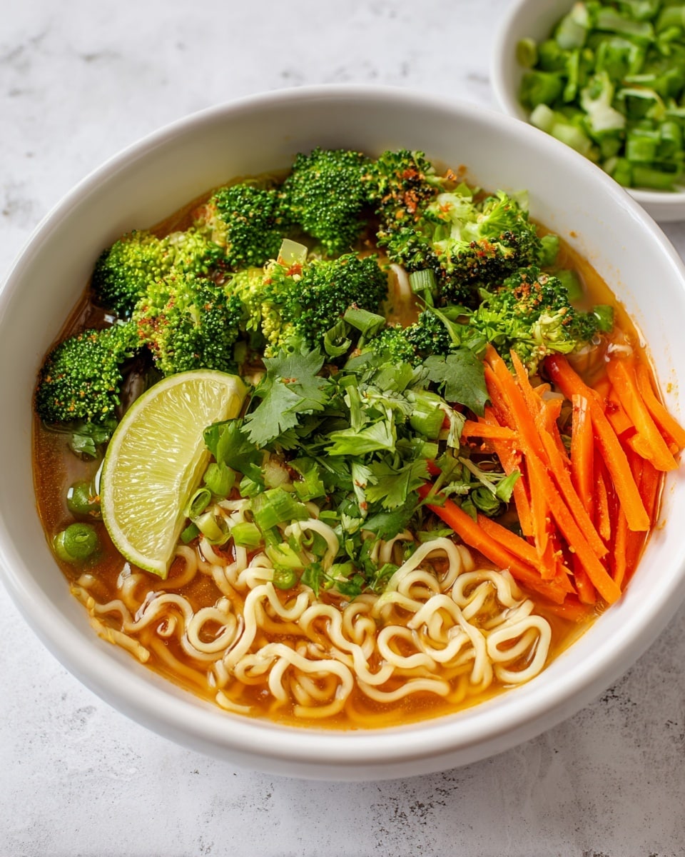 A white bowl filled with light brown broth at the bottom, with pale yellow curly noodles layered above it, topped with bright green broccoli florets scattered around, thin strips of vibrant orange carrot placed neatly on one side, some chopped green onions and fresh cilantro sprinkled generously over the dish, and a thin half-slice of lime resting on the broth near the carrots, all resting on a white marbled surface, photo taken with an iphone --ar 4:5 --v 7