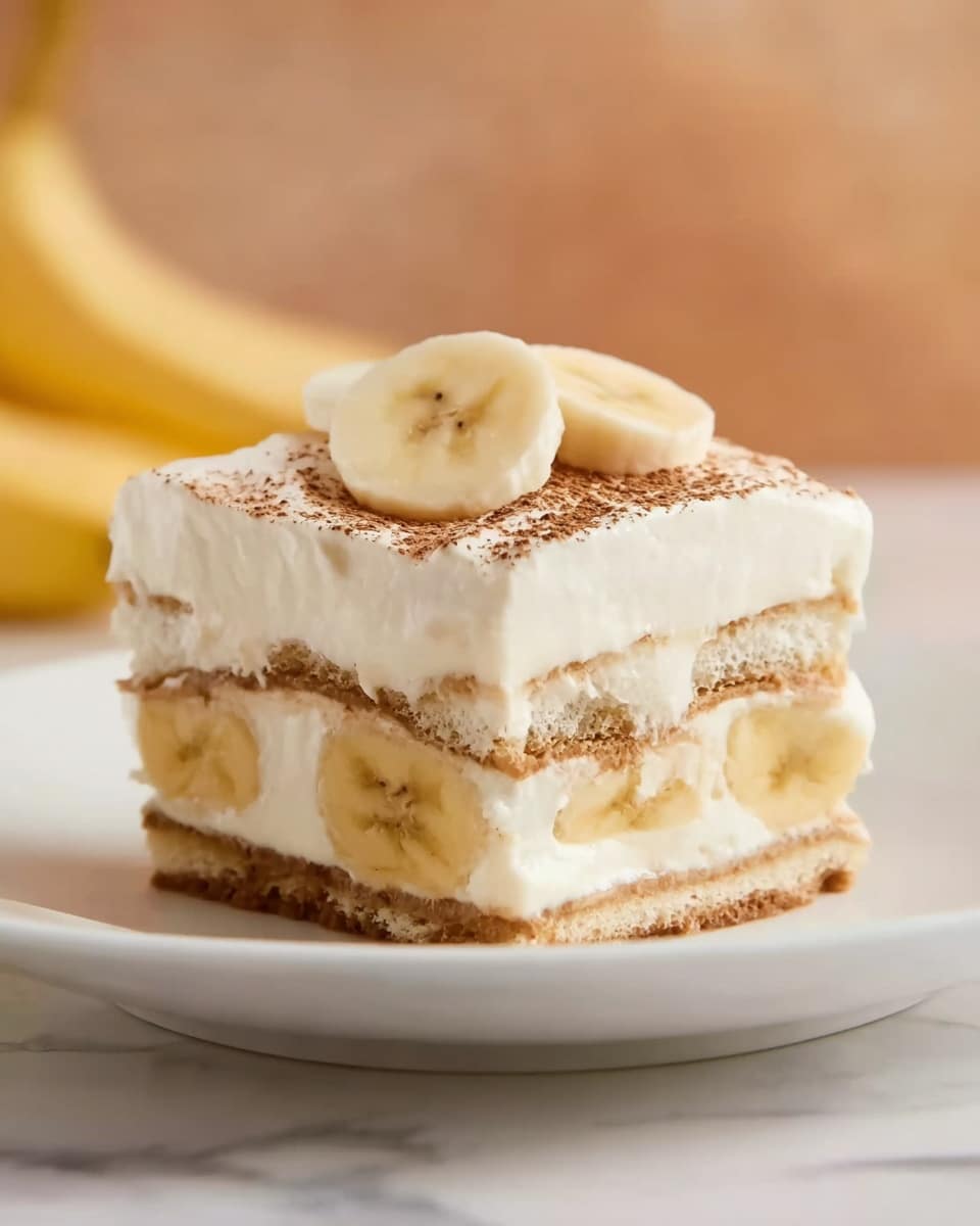 The image shows a slice of layered dessert on a white plate sitting on a white marbled surface. The dessert has four clear layers: the top layer is creamy white with a smooth texture, sprinkled lightly with brown powder; below that is a thin layer of sliced bananas with a soft yellow color; the third layer is made of a light brown, spongy cake or biscuit layer; the fourth layer is a thicker layer of creamy white filling embedded with banana slices. The slice is topped with two round banana slices resting on the smooth top layer. The background is softly blurred with warm tones. photo taken with an iphone --ar 4:5 --v 7