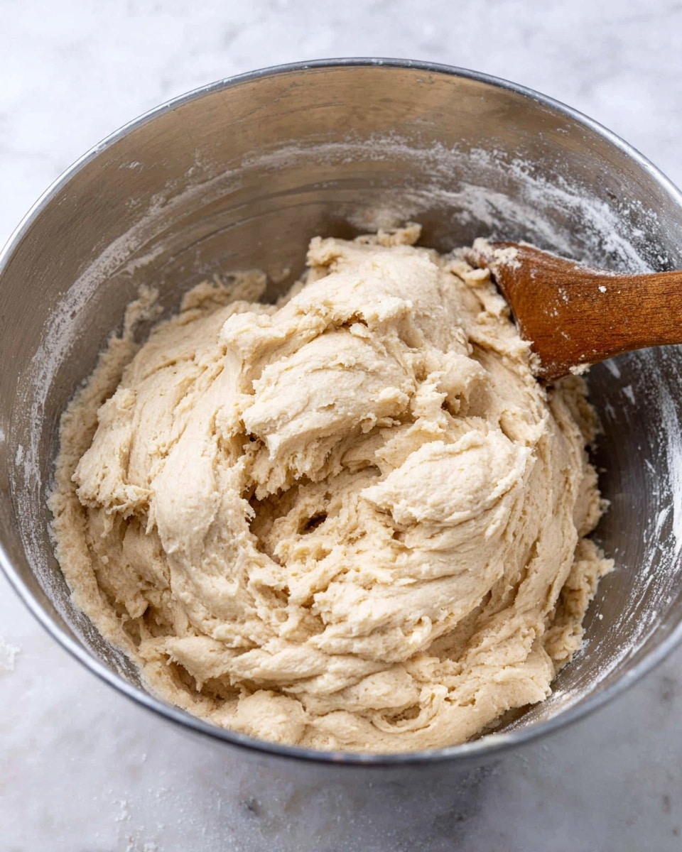 A close-up image of a large silver metal bowl filled with thick, sticky dough in a pale beige color, textured with small lumps and folds, taking most of the space inside the bowl; a rounded wooden spoon with some dough on it rests on the right side inside the bowl, with the background showing a white marbled surface beneath the bowl photo taken with an iphone --ar 4:5 --v 7