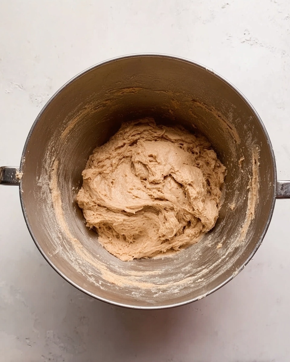 A large grey metal mixing bowl sits on a white marbled surface, holding a thick, uneven dough. The dough is light brown and looks soft and sticky, with some parts sticking slightly to the sides of the bowl. There are smears of dough around the inside edges of the bowl, showing it was recently mixed. The bowl has two handles on each side. Photo taken with an iphone --ar 4:5 --v 7