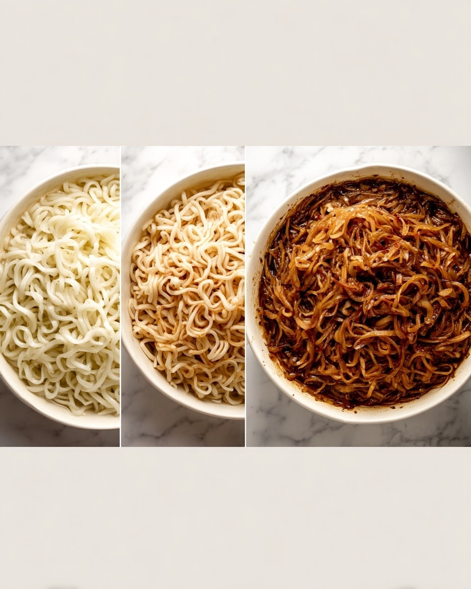 The image shows three round white pots on a white marbled surface, each filled with a different stage of cooking spiral-shaped white noodles or spirals. The first pot on the left has plain, pale white noodles with a smooth, soft texture. The middle pot shows noodles that are starting to turn light brown with sauce soaking in and a slightly softer, mixed texture. The third pot on the right has noodles fully cooked to a deep brown color with a thicker, richer texture that looks well mixed and caramelized. photo taken with an iphone --ar 4:5 --v 7