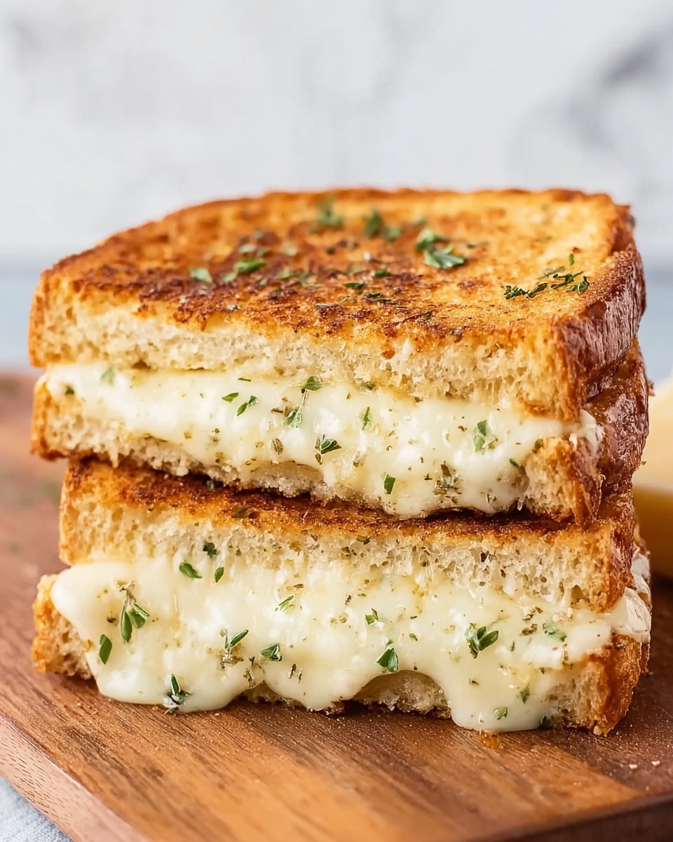 A close-up view of a toasted sandwich cut in half and stacked. The sandwich has two layers of golden brown toasted bread with a slightly crispy texture. Between the slices is a thick, melted white cheese layer that spills out slightly, soft and creamy. Small green herb sprinkles are visible on the top toast. The sandwich is set on a wooden board with a white marbled surface in the background. photo taken with an iphone --ar 4:5 --v 7