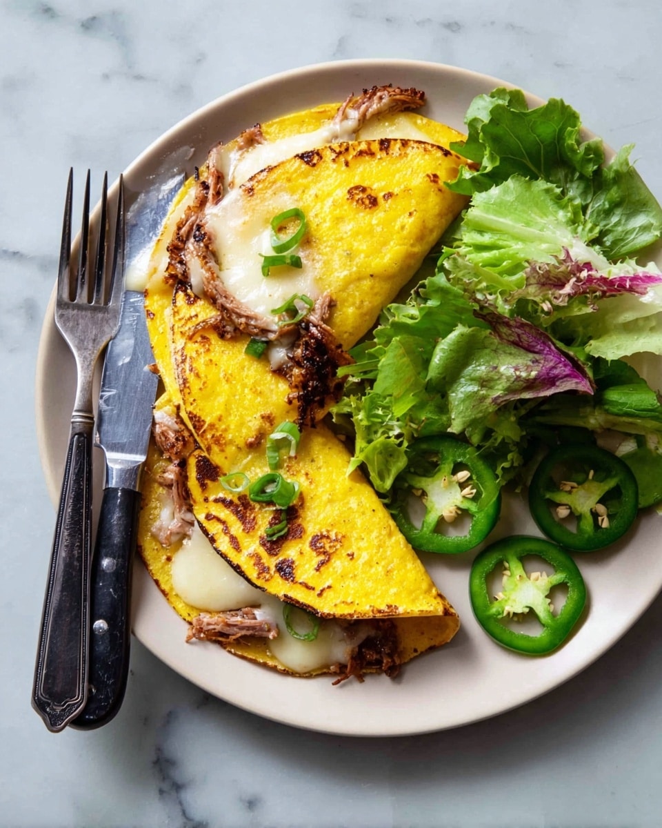 The image shows two yellow corn tortillas folded over melted white cheese, with some browned spots on the edges of the tortillas. Underneath and peeking out are slices of light brown meat with a slightly crispy texture. On the right side of the plate, there are fresh green leafy lettuces mixed with some light purple leafy greens, alongside several slices of green jalapeño peppers placed on the white plate. A silver fork and knife with a black handle rest on the left side of the plate, all set on a white marbled surface. photo taken with an iphone --ar 4:5 --v 7