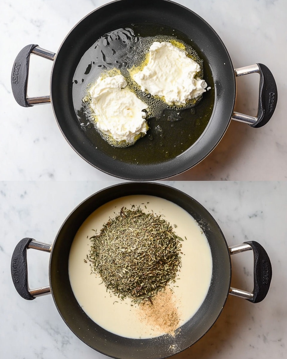 The image shows two black pans with handles placed on a white marbled surface. The top pan contains a layer of clear cooking oil with two uneven dollops of white cream cheese in the center. The bottom pan holds a layer of light cream sauce mixed with a pile of greenish dried herbs and a smaller patch of light brown seasoning floating on the right side of the herbs. Both pans have rounded handles and are photographed from above. Photo taken with an iphone --ar 4:5 --v 7